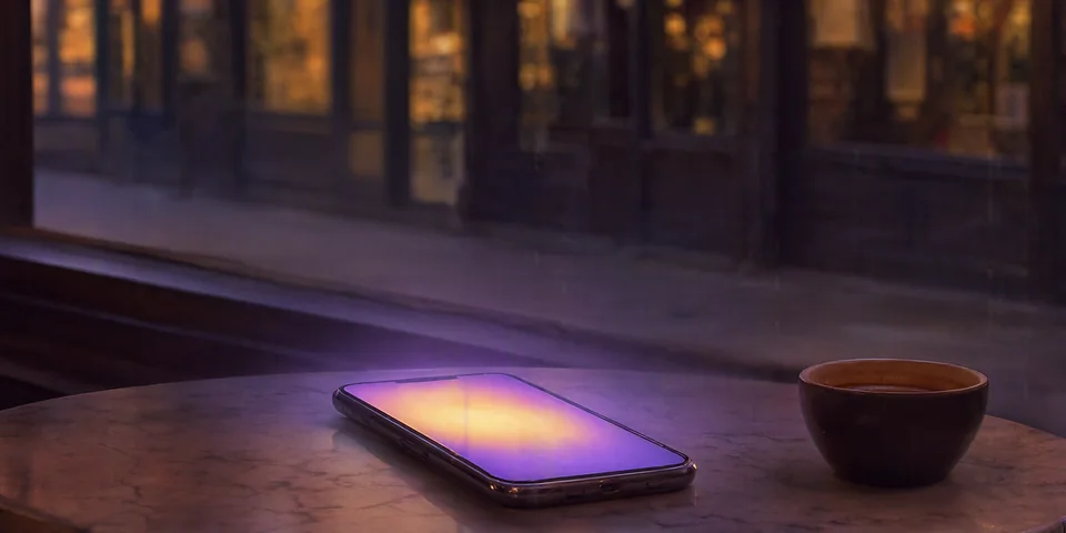 A glowing phone on a café table; outside, out of focus, the lit shop windows of the street.