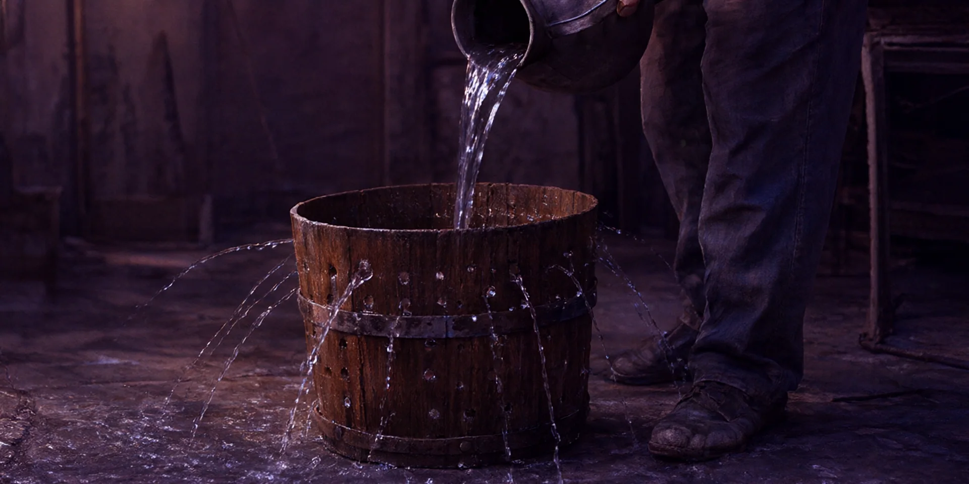 L'acqua versata in un secchio di legno pieno di buchi fuoriesce da ogni parte.
