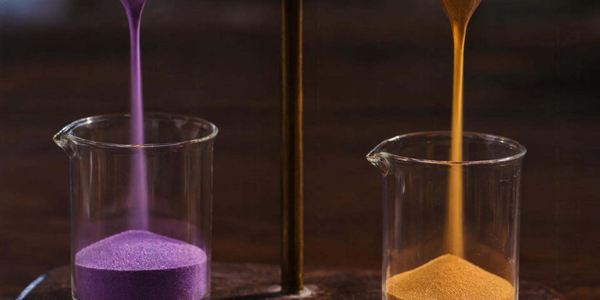 Due imbuti di vetro versano sabbia in becher separati: viola da un lato, ambra dall'altro.