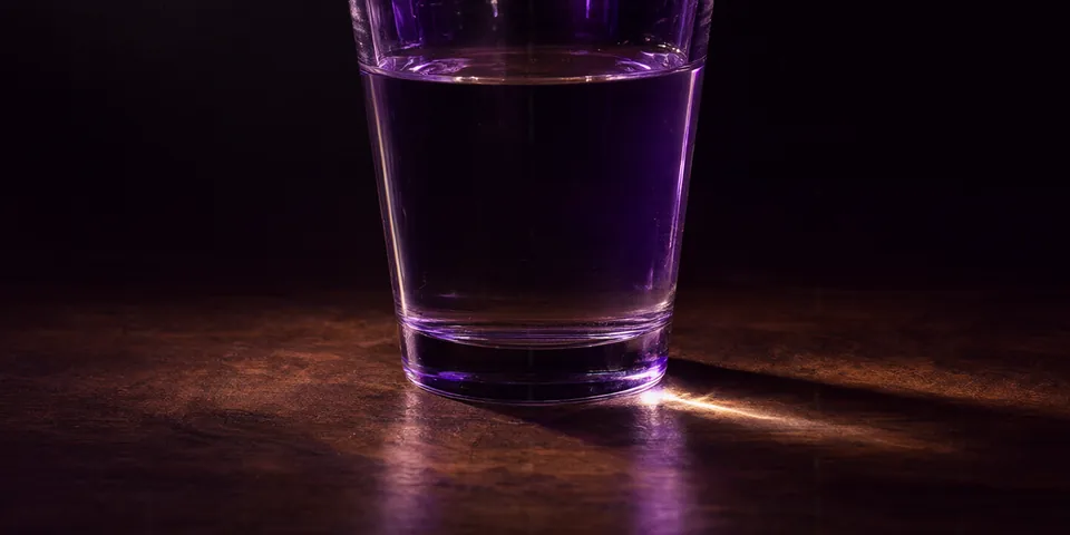 Un verre transparent rempli d'eau sur une surface sombre en noyer, presque invisible, révélé uniquement par un motif de lumière caustique sur le bois.
