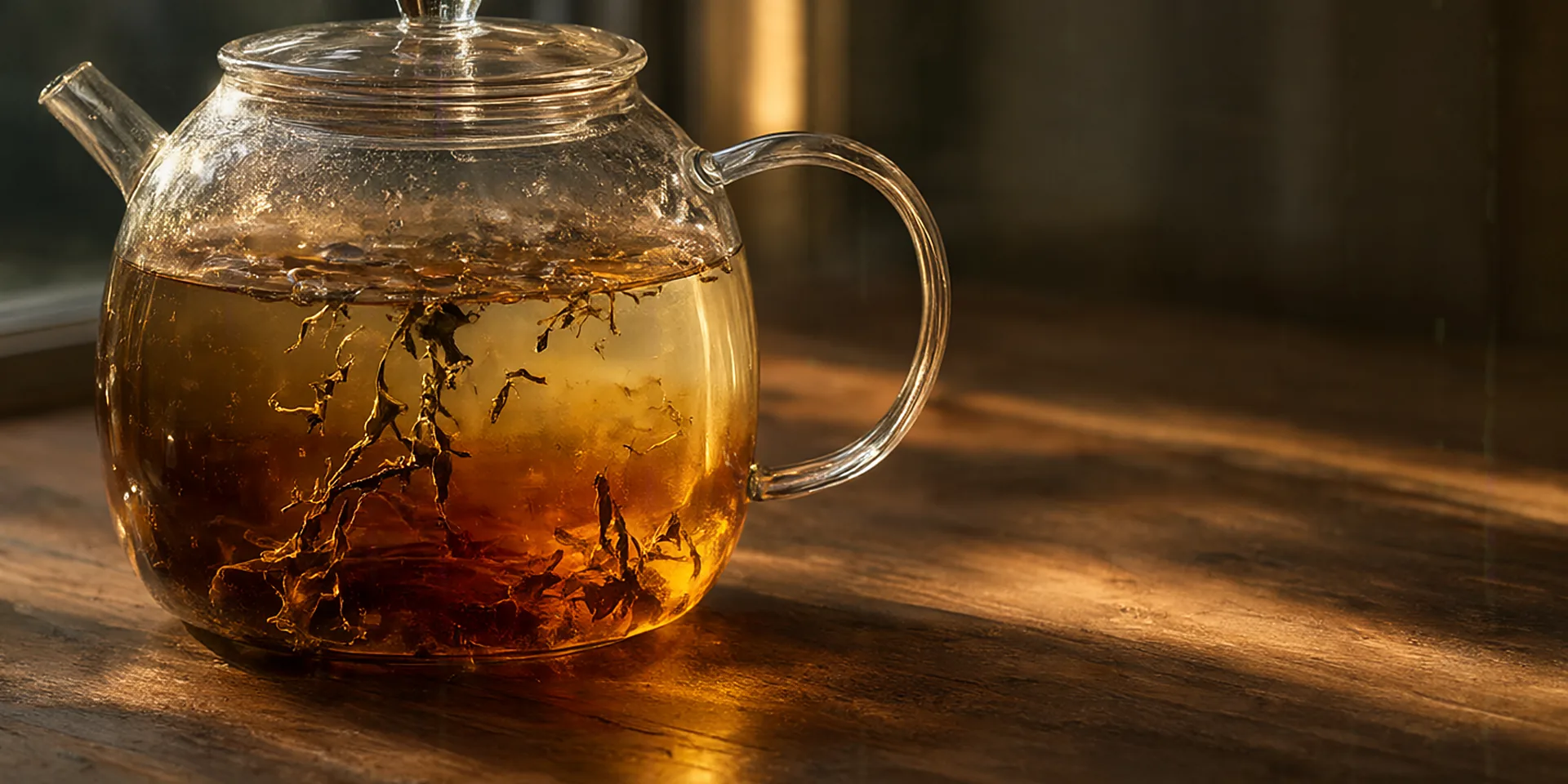 Hojas de té se abren en una tetera de vidrio; el agua todavía está tomando color.