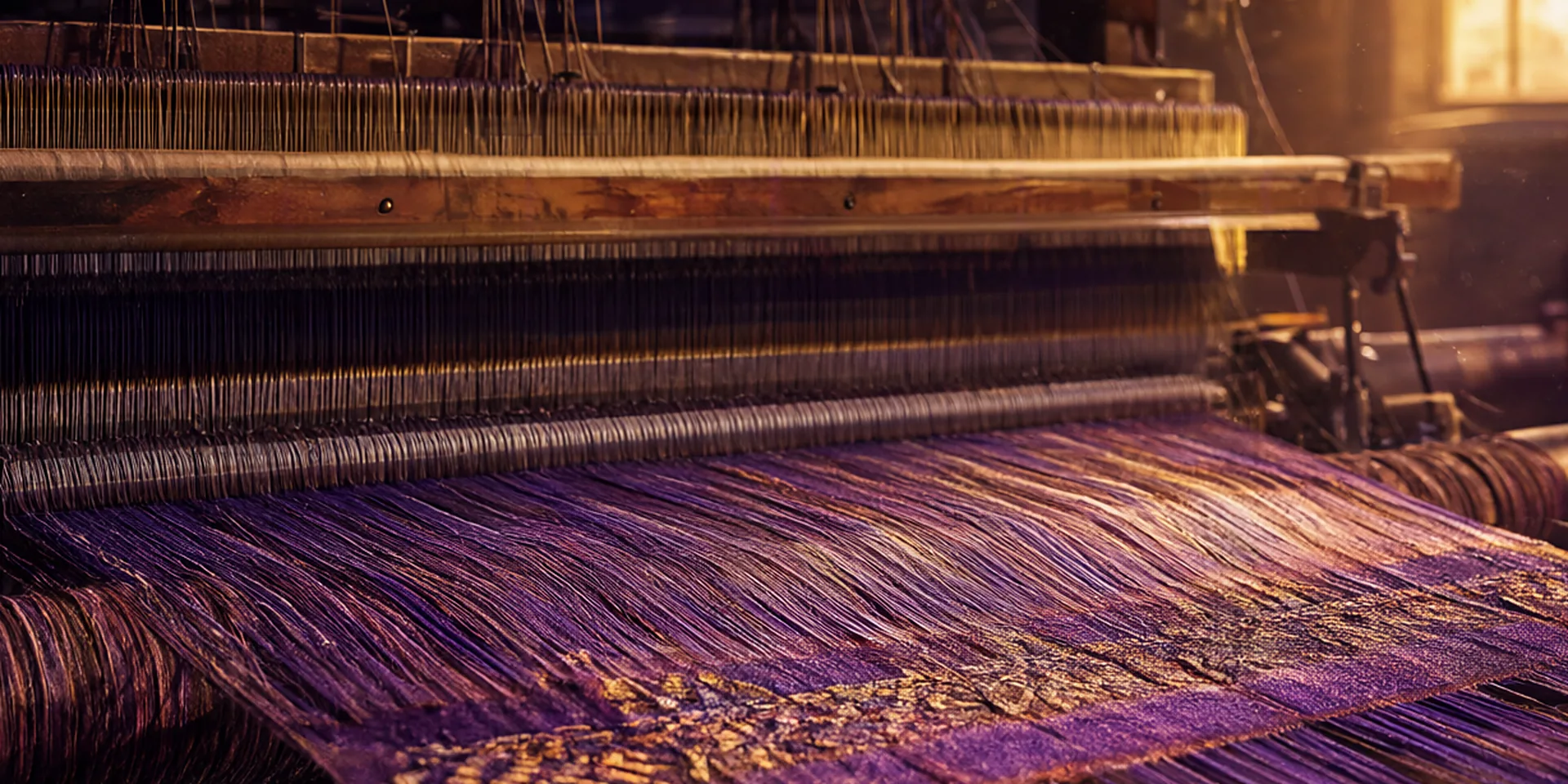 Un telar jacquard entrelaza cientos de hilos violetas y dorados a la vez.