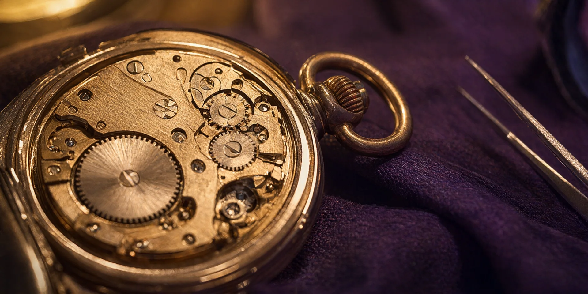 Il movimento aperto di un orologio da tasca, con le pinzette da orologiaio accanto.